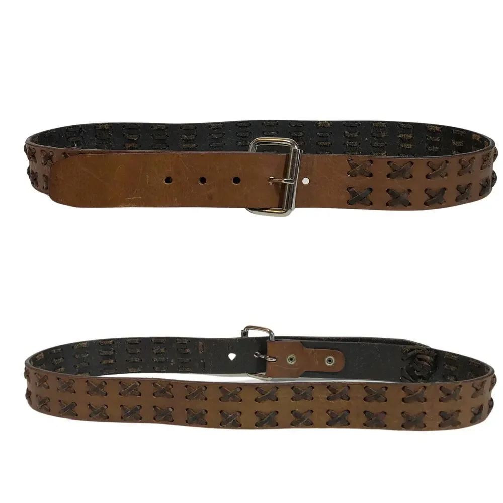 Brown Leather Belt, Criss Cross Weave Retro Silver Hardware Worn Look L XL Mocha